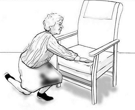 With the chair as a support, slowly rise into a standing position. Keep your hands on the chair and rest to allow your blood pressure to adjust. 6.
