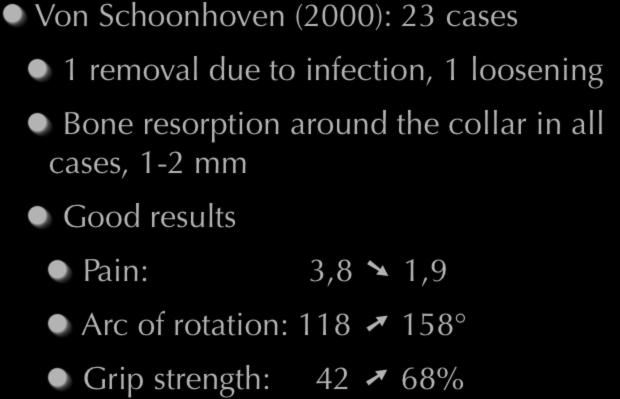 Herbert s prosthesis Von Schoonhoven (2000): 23 cases 1 removal due to infection, 1 loosening Bone resorption