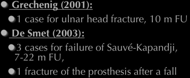 Other series with Herbert s prosthesis Grechenig (2001): 1 case for ulnar head fracture, 10 m FU De