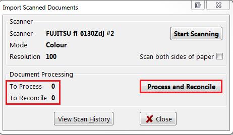 3. When scanning is complete, the screen will indicate how many pages were scanned successfully and how many will need to be manually reconciled. When you are finished, click Process and Reconcile. 4.
