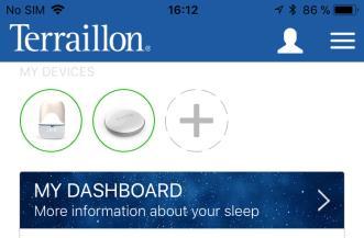 SLEEP DASHBOARD OVER VIEW WITH DATA FROM HOMNI AND A SLEEP SENSOR (DOT OR RESTON) Tap the «MY DASHBAORD» banner to access your sleep dashboard.