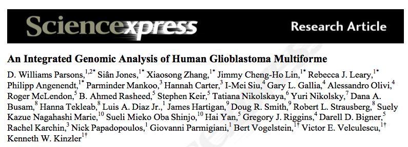 Parsons DW, Jones S, Zhang X, et al: An Integrated Genomic Analysis of Human Glioblastoma Multiforme.