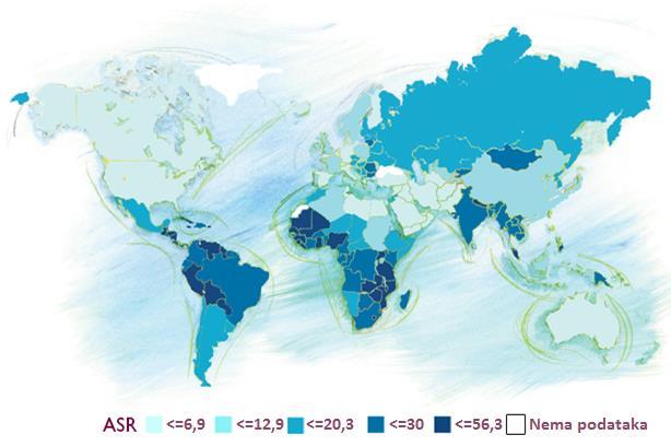 Slika 5: Globalna incidencija karcinoma cerviksa za sve dobne skupine - dobno standardizirana stopa na 10