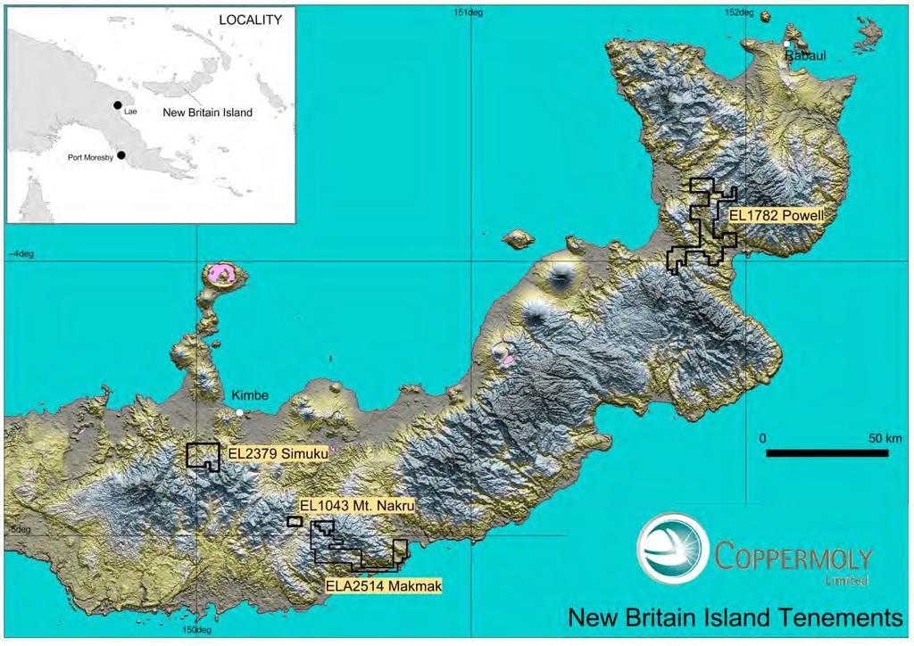 Current Exploration Portfolio The Company s current exploration licences, all located on New Britain Island, PNG: PROJECT PERIOD ACQUIRED EXPIRY AREA LOCATION EL 1043 Mt Nakru* Jan 2008 Dec 2016