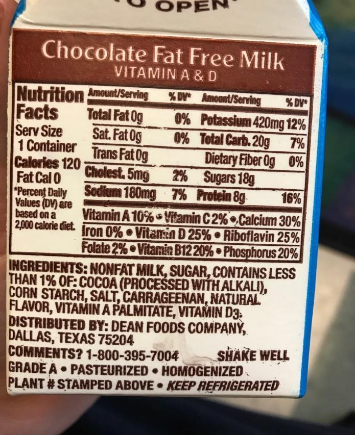 Example of: Sugar added in the processing of chocolate milk Nutriton Facts: Chocolate Milk 1 serving : 1 container Sugars: 18 grams The 18 grams of sugar are from lactose-a natural
