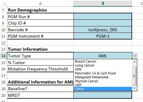 Demographics: This group consists of a single worksheet designated for patient information (name, DMO #, sex, etc.), run information (PGM Run #, Barcode #, etc.