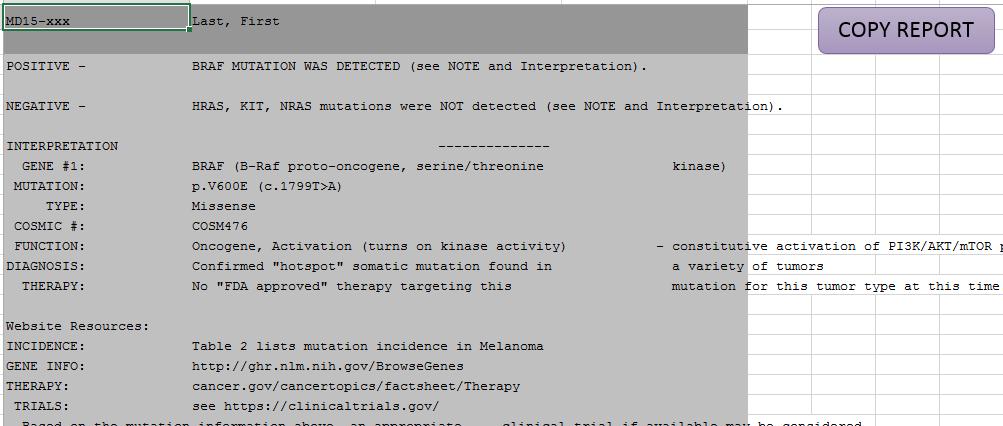 Figure 34. Completed Final Report Details Page. The BRAF V600E mutation, detected by both Variant Caller and Nextgene, is listed in the Common Findings section. 3.1.