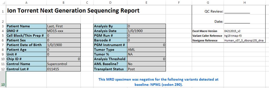 the reports. An NPM1 mutation at codon 290 has been used as an example. Figure 40. Sample Final Report for MRD Test.