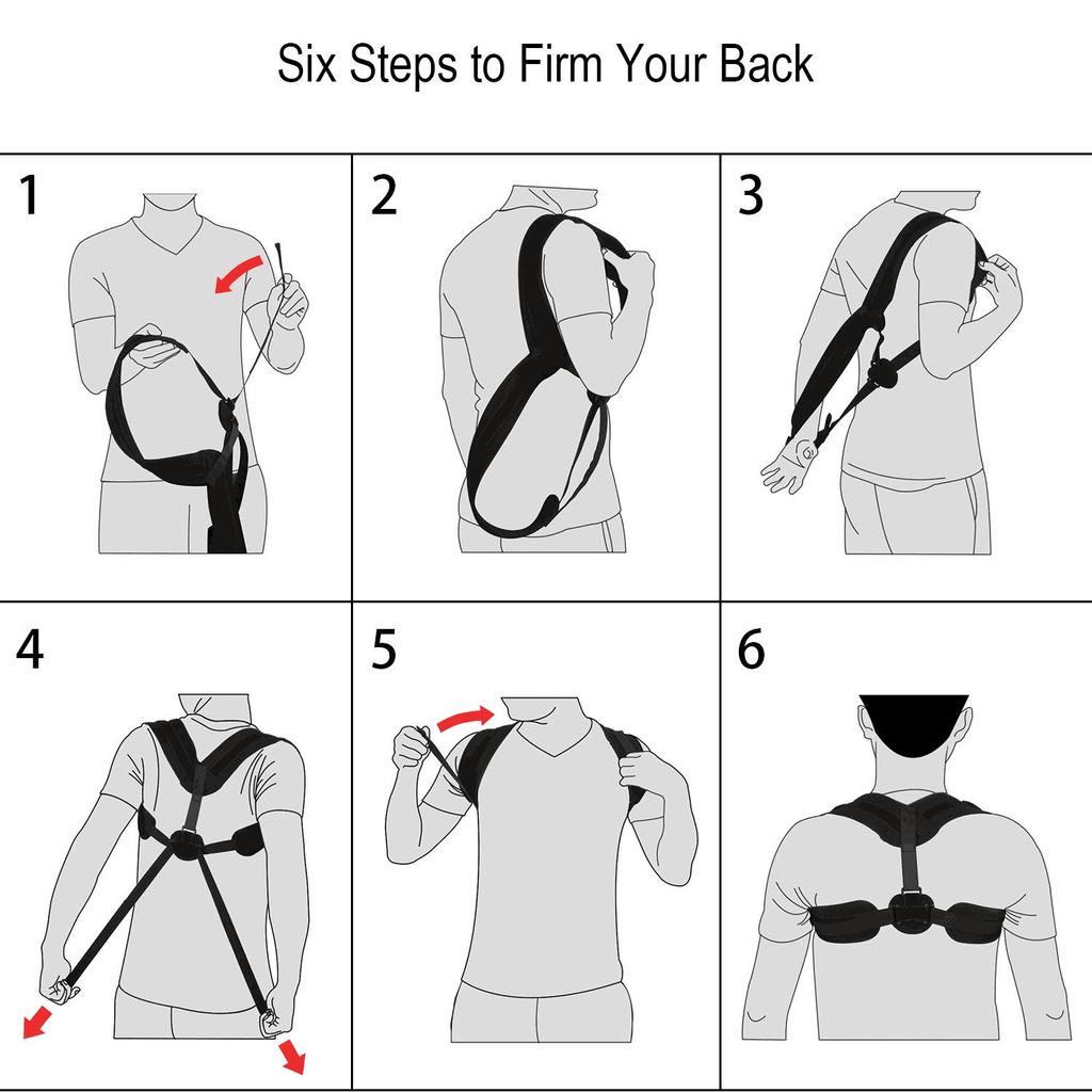 How to adjust the brace: Position the brace so that the back strap is placed directly in the middle of your shoulder blades, and place the straps around your arms.