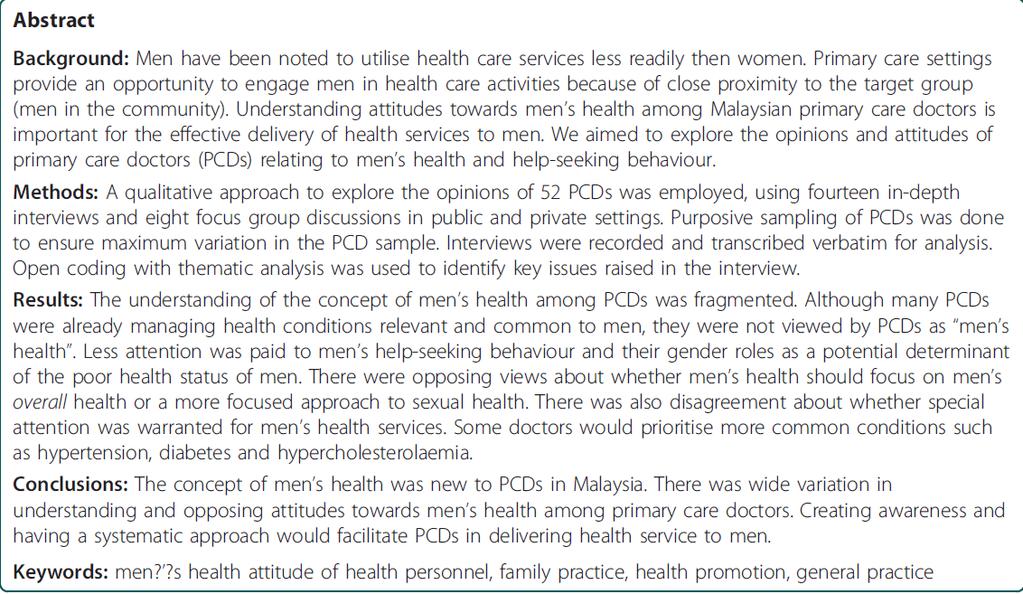 Malaysian primary care doctors views on men s health: an unresolved jigsaw puzzle.