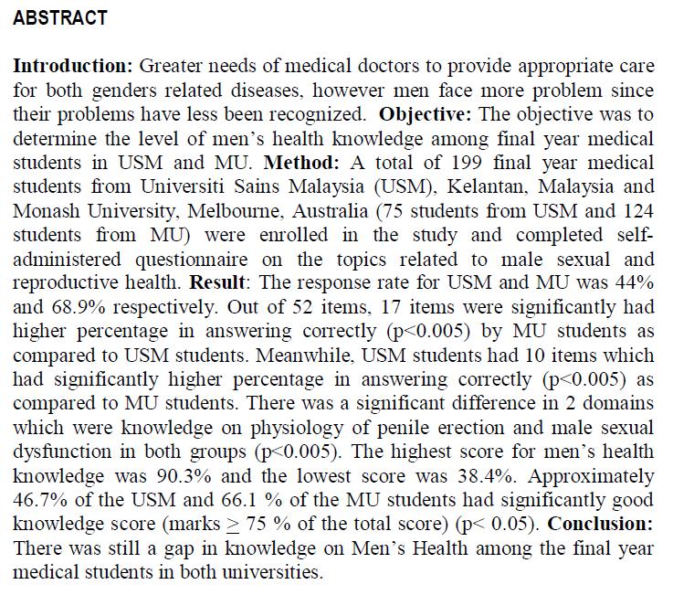 Knowledge on male sexual and reproductive health: a comparison between final year medical students in Universiti Sains Malaysia
