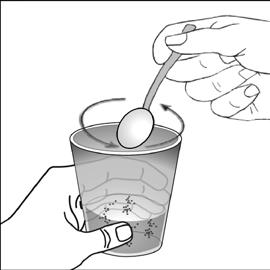 With your other hand, use the spoon to gently mix the powder and the liquid (see Figure K). Figure K Steps 6 and 7 must be completed within 1 hour of mixing the medicine. Step 6.