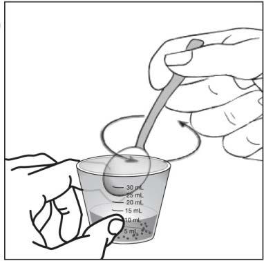 Step 6. Hold the medicine cup with one hand. With your other hand, use the small spoon to gently mix the powder and the infant formula (see Figure Q).