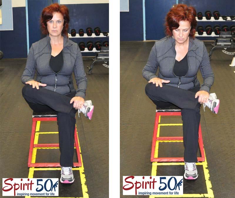 Deep hip stretch: No Equipment Exercise Program for the 50+ Sit up tall when you do this stretch and sit at the front of your chair.