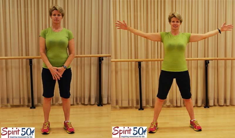 Low impact jacks No Equipment Exercise Program for the 50+ Benefits of this exercise: Develops heart health, co-ordination and shoulder mobility Tips: Step as oppose to