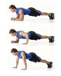 Plank to hover Start in plank position Push up onto your hands, one at a time Then drop
