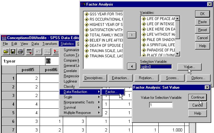 Compute the Factor Analysis for the Second Half of the Sample Second, click in the 'Selection Variable:' text box to highlight it. The 'Value...' button is activated.