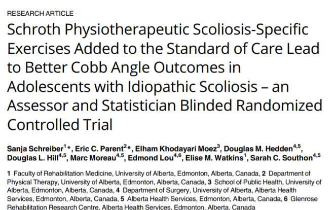 RCT Schreiber et al 2017 Schroth Physiotherapeutic Scoliosis-Specific Exercises added to the standard of care lead to better Cobb angle outcomes in Adolescents with Idiopathic Scoliosis an assessor