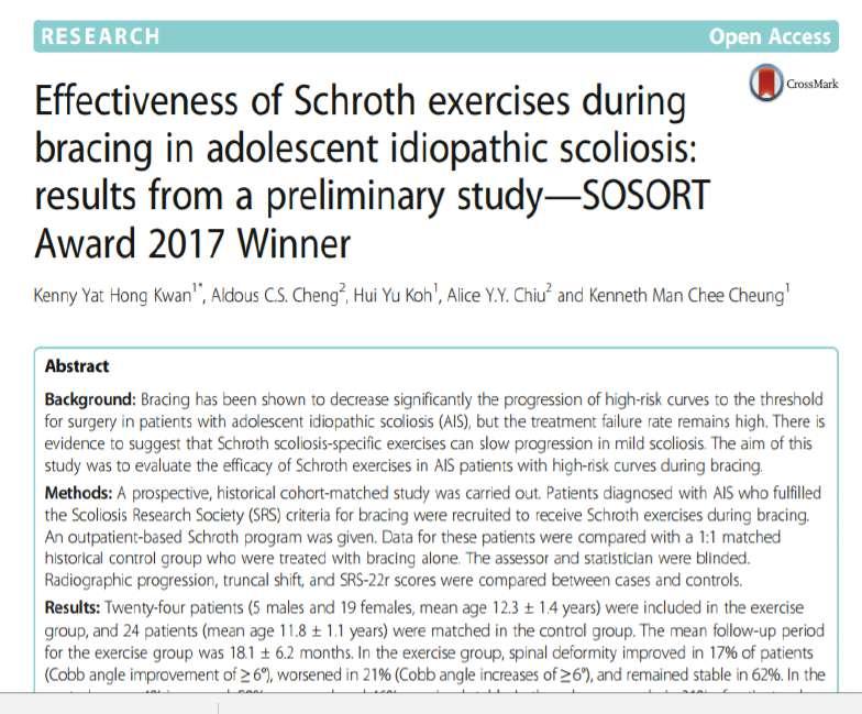RCT Kwan et al 2017 Effectiveness of Schroth exercises during bracing in adolescent idiopathic scoliosis: results from a preliminary study SOSORT Award 2017 Winner. Scoliosis Spinal Disord.