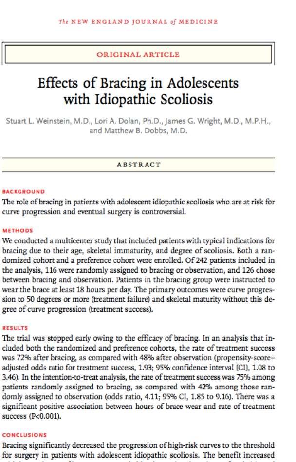 BrAIST study RCT Weinstein et al 2013 Multicenter RCT in USA 242 patients, SRS inclusion criteria Cobb angle 25 ο 40 ο, Risser 0-2 2 groups: 1 st Bracing, 2 nd Observation Results: Bracing success