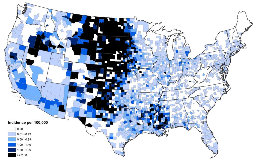 Average Annual Incidence of WNV Neuroinvasive Disease by County, US, 1999 2015 Source: www.cdc.