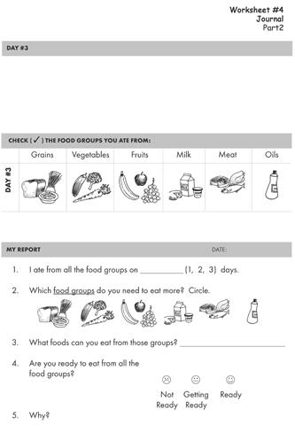 Application (20 min.) 20 1. Hand out My Nutrition Journals or Worksheet #4. 2. Go over the directions. For Day #1 (yesterday), direct students to write or draw the foods they ate yesterday.