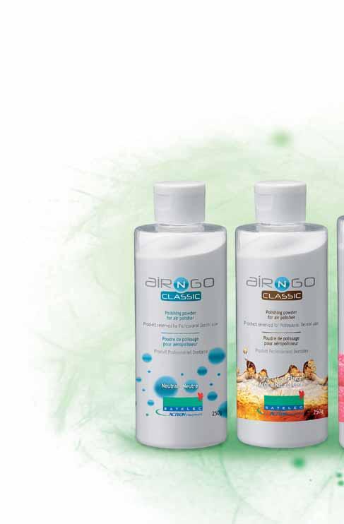 THE FIRST POWDERS TO FOCUS ON THE PATIENT'S WELL-BEIN GENTLENESS AND EFFECTIVENESS The cleaning and polishing properties of the AIR-N-GO powders cause no damage to the