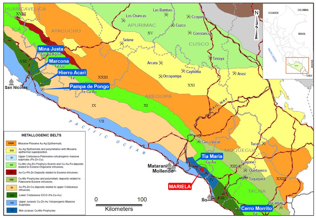 Figure 1 Location of the Mariela Project with respect to major Metallogenic Belts of Southern Peru.