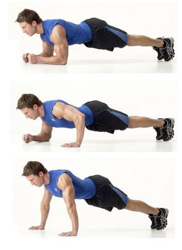 Contract the abs to curl the hips off the floor, reaching the legs up towards the ceiling. Lower and repeat.