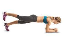 Up-Down Plank Starting in a front plank on your forearms and toes, press up to a high plank onto hands with arms straight. Lower back down to low plank.