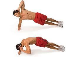 10. Side Plank with Curl Lie on side on mat. Place forearm on mat under shoulder perpendicular to body. Place upper leg in front of lower leg and straighten knees and hips.