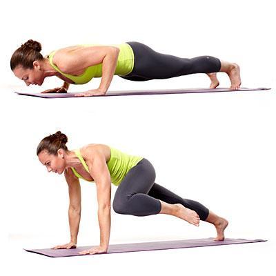 Pushup with outside Mountain Climber In a high plank position keeping core engaged and glutes tight, alternate bending each leg to bring knee to the same elbow then complete one pushup.