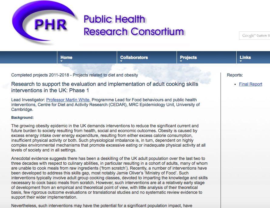 Independent research conducted by the Public Health Research Consortium Research to support the evaluation and implementation of adult cooking skills interventions in the UK: Phase 1 Can a cooking