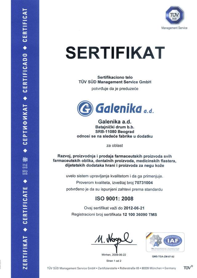 GALENIKA S QUALITY CERTIFICATES: GMP certificate - issued by the Ministry of Health of the Republic of Serbia (Ukrainian audit, PIC/S member, scheduled for end of 2012; EU audit
