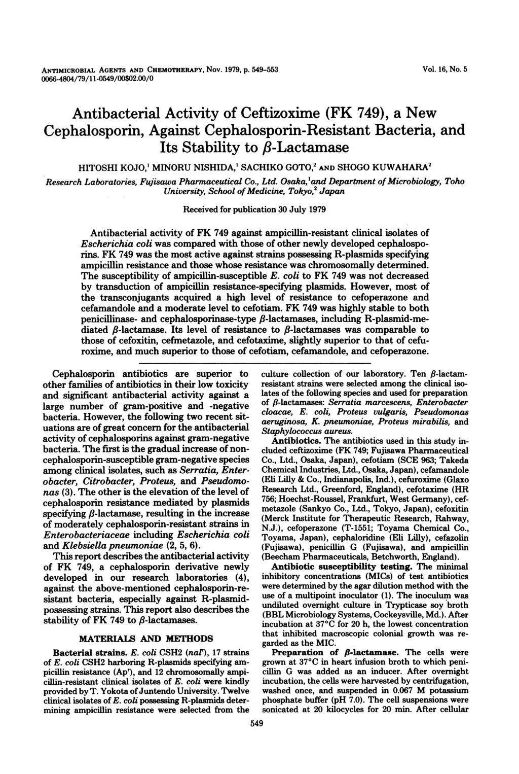 ANTIMICROBIAL AGENTS AND CHEMOTHERAPY, Nov. 1979, P. 59-553 Vol. 16, No. 5 66-/79/11-59/$2.
