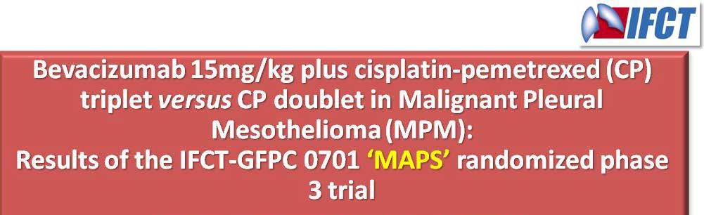 Anti-angiogenic treatment in combination with cisplatin-pemetrexed 1st line treatment for MPM 445 pts Positive for both PFS (primary endpoint) &