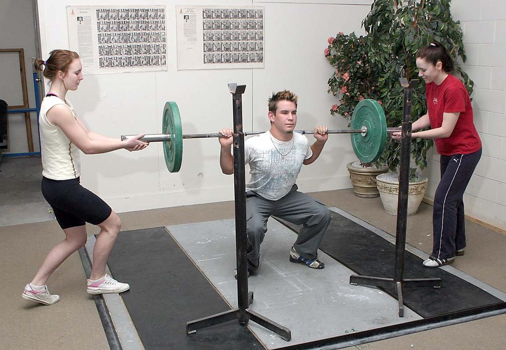 Gym Safety Spotting squats 2 spotters required - one at each end of the bar Spotters should ensure the floor is clear around where they will be standing.