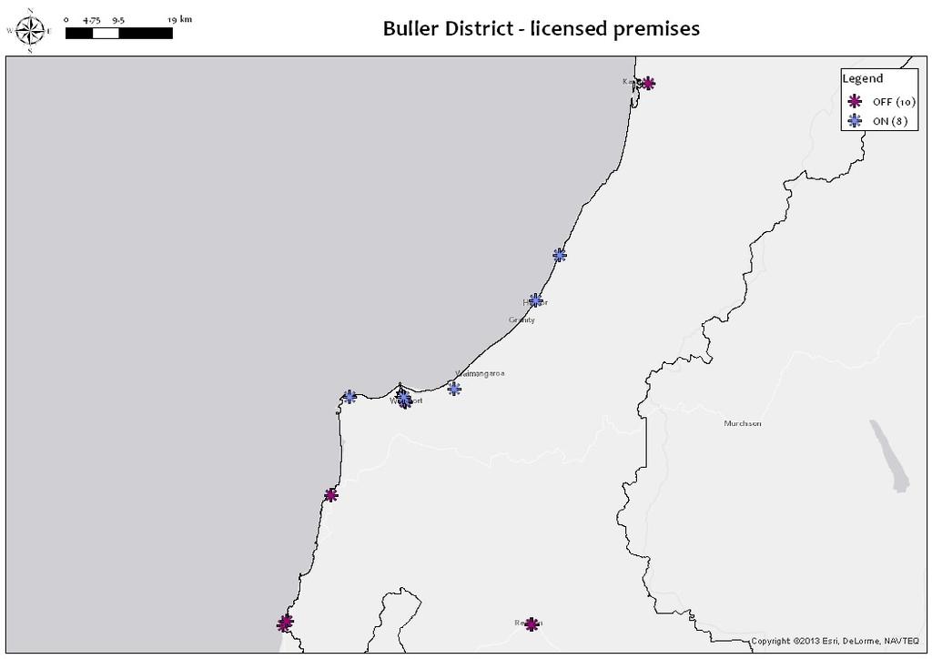 The maps below are showing the distribution and number of on-license and offlicense premises in the Buller TLA that Massey University consider to contribute to alcohol-related harm, such as: