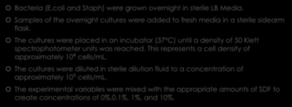 Procedure Bacteria (E.coli and Staph) were grown overnight in sterile LB Media. Samples of the overnight cultures were added to fresh media in a sterile sidearm flask.