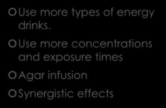 tested Only 1 exposure time Use more types of energy drinks.