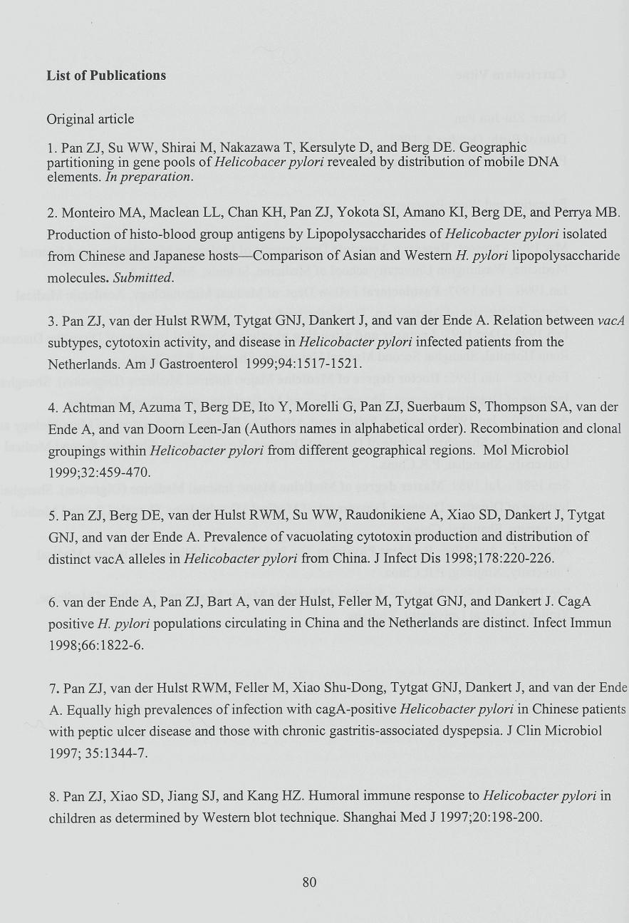 List of Publications Original article 1. Pan ZJ, Su WW, Shirai M, Nakazawa T, Kersulyte D, and Berg DE.