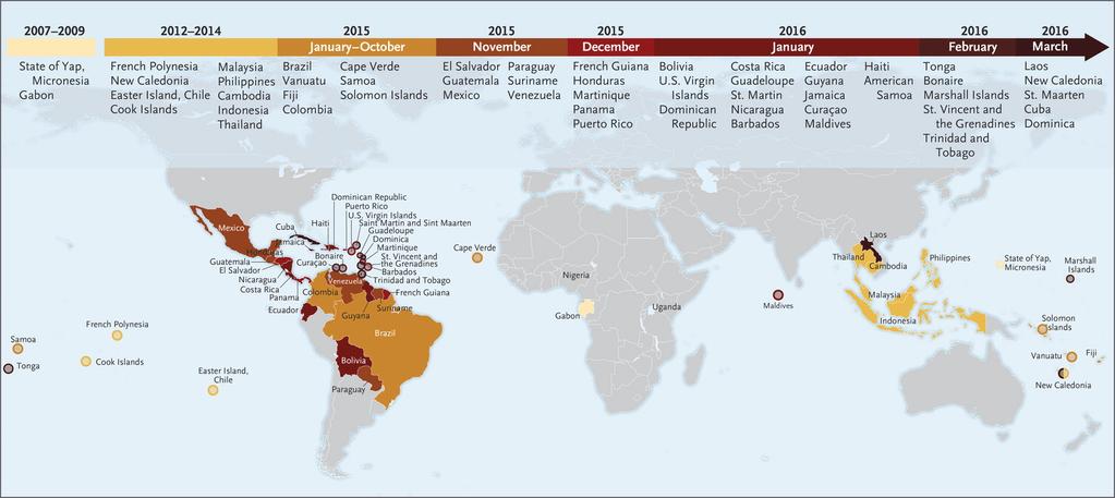 Areas in Which Zika Virus Infections in Humans Have Been Noted in the Past