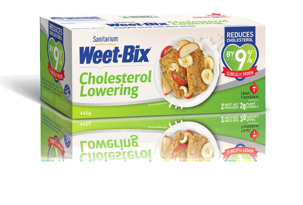 TO LOWER LDL CHOLESTEROL BY UP TO 9%, TAKE TWO A DAY Two Weet-Bix TM Cholesterol Lowering daily provide 2 grams of plant sterols, which is clinically proven to lower LDL cholesterol by up to 9% in 4