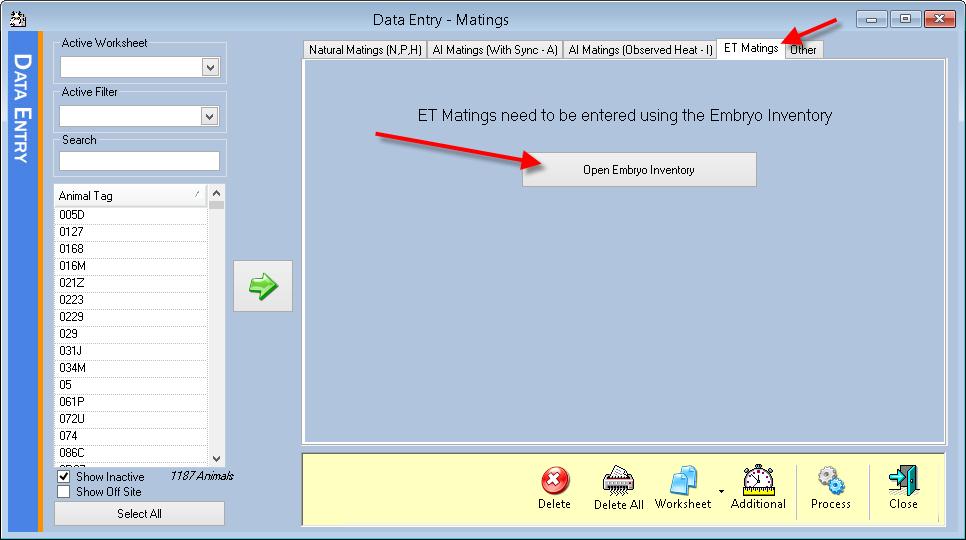 The ET mating tab allows you to record ET type matings and will allow you to open the Embryo Inventory section as there are
