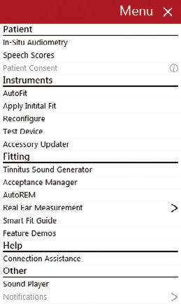 . Access to hearing instrument controls are also found on the fitting screen. The tabs below the red navigation bar provides access to these tools.