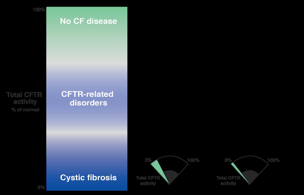 Certain CFTR mutations may affect CFTR quantity and/or function, reducing total CFTR activity Spectrum of phenotypes associated with total CFTR activity 1 People with 2 CFTR mutations resulting in