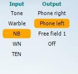 The Input list for channel 1 provides the option to select pure tone, warble tone, narrow band noise (NB) and white noise (WN).
