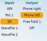 The Input list for channel 2 provides the option to select white noise (WN), speech noise (SN), microphone (Mic1 and Mic2) and wave file.