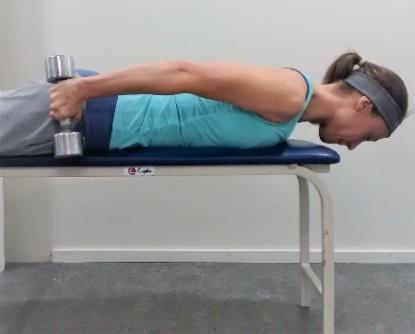 The arm hangs next to the bench. Lift the arm next to the body. Pay attention to the muscles around the shoulder blades.