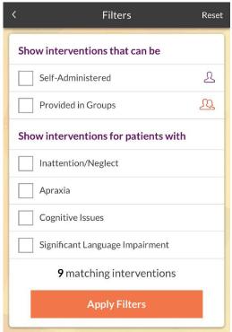 Filters Filters can be added to the prognostic indicators to assist in selection of interventions.